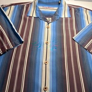 Tommy Bahama Relaxed Fit Short Sleeve Blue Brown Striped 75% Silk XXL Shirt